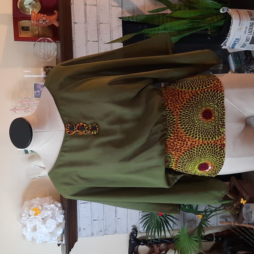 Olive Green Batwing Top with Printed Waistband